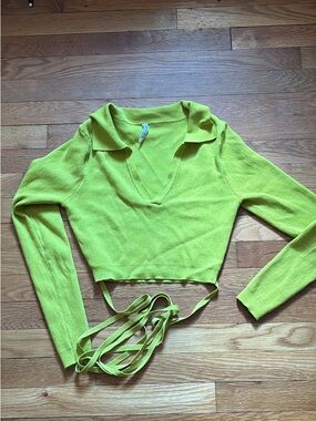 AsYou Lime Green Ribbed Wrap Crop Top